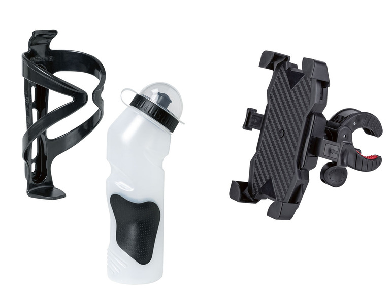 Ein Flaschenhalter, eine Trinkflasche und ein Telefonhalter für das Fahrrad.