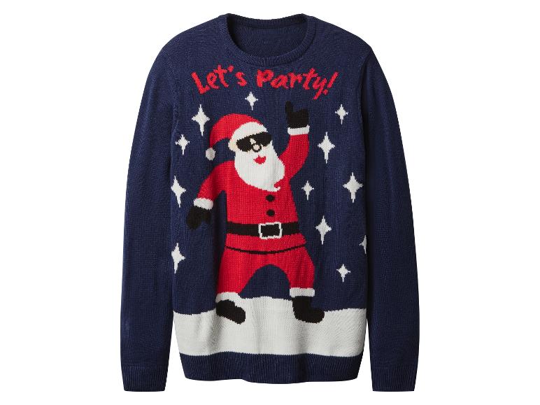 Blauer Weihnachtspullover mit tanzendem Weihnachtsmann und „Let's Party!“-Schriftzug
