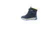 Blaue Kinder-Winterstiefel mit neongelbem Futter und Klettverschlüssen.