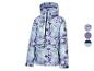 Kapuzen-Skijacke mit blauem und lila Muster mit schwarzen Spritzern.