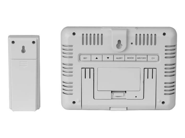 Weißes Digitalthermometer und Sensor, Rückansicht