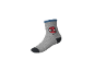 Graue Socke mit blauem Bündchen und Superhelden-Kopf-Design.