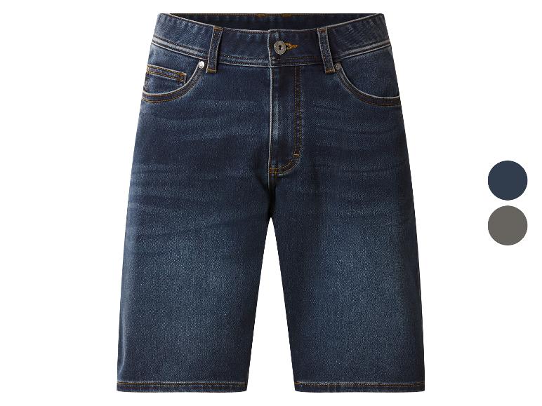 Dunkelblaue Jeans-Shorts mit orangefarbenen Nähten und Metallknöpfen.