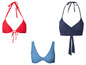 Drei Bikini-Oberteile: ein rotes Dreieck, ein blaues Halfter und ein gestreiftes mit Schleife.