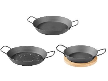GRILLMEISTER Ø 32 Eisen-Grillpfanne / Ø 28,5 Eisen-Grillpfanne mit perforiertem Boden / Ø 20 Eisen-Grillpfanne mit Servierbrett