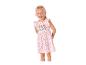 Lachendes Mädchen in einem rosa Kleid mit Herzen und Welpenaufdruck