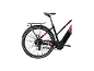 Schwarzes E-Bike mit roten Akzenten und Gepäckträger.