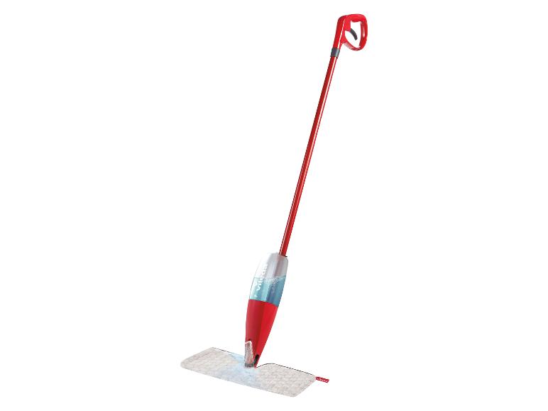Roter Sprühmopp mit Wassertank und rechteckigem Reinigungskopf.