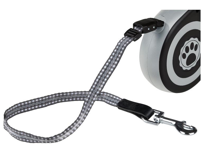 Rollleine für Hunde mit reflektierendem Band und Metallkarabiner.