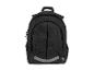 Schwarzer Rucksack mit reflektierenden Details, Vorderansicht.