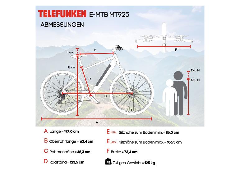TELEFUNKEN E-MTB MT925 Maße und empfohlene Benutzergrößen.