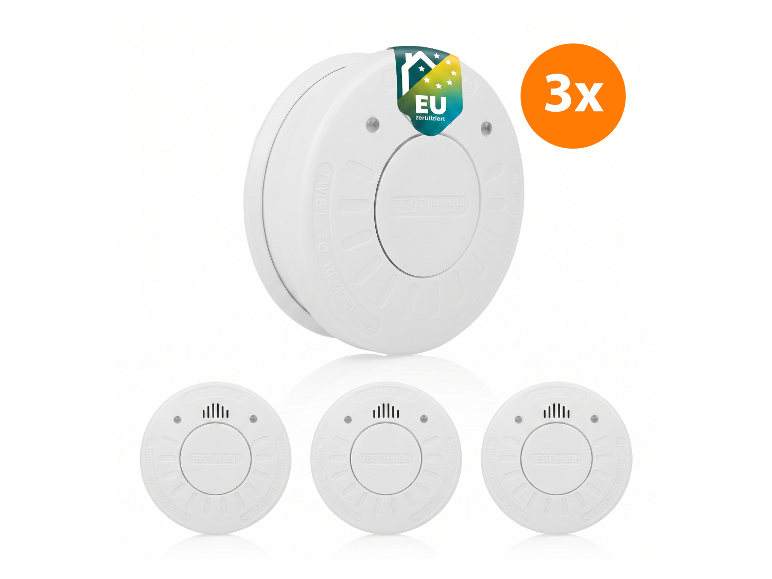 Set aus 3 weißen EU-zertifizierten Rauchmeldern mit Test-/Stummschalttaste.