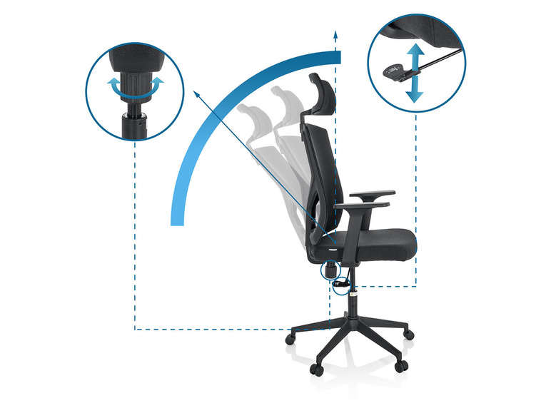 Ein schwarzer Bürostuhl mit verstellbarer Rückenlehne, Sitzhöhe und Armlehnen.
