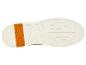 Beige Schuhsohle mit Profilmuster und orangefarbenem Einsatz an der Ferse.