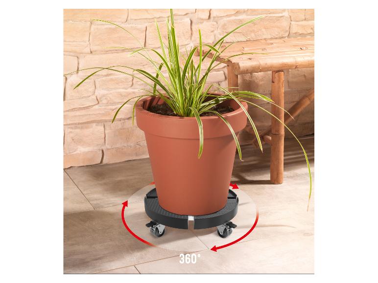 Pflanztopf auf schwarzem Rolluntersatz mit 360-Grad-Drehpfeilen auf Fliesenboden.