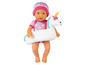 Eine Baby-Puppe mit einem Einhorn-Schwimmring.