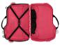 Offener pinker Kinderkoffer mit schwarzen Gurten und Griffen.