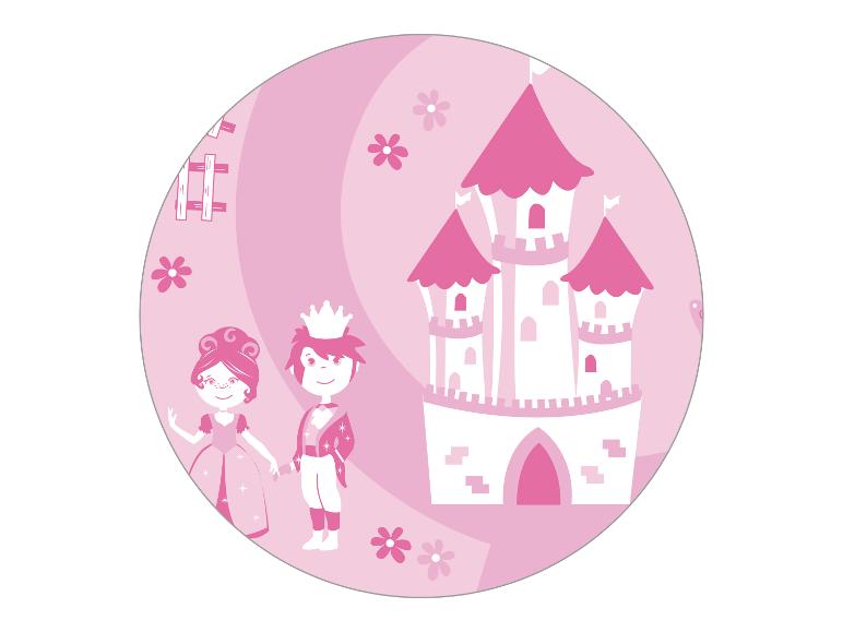 Rosa rundes Bild einer Prinzessin, eines Prinzen und eines Schlosses mit Blumen.