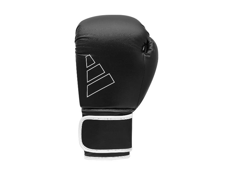 Schwarzer Boxhandschuh mit weißen Details und geometrischem Muster.