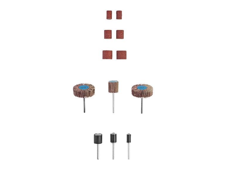 Sechs Schleifbänder und drei Schleifköpfe für eine Dremel.