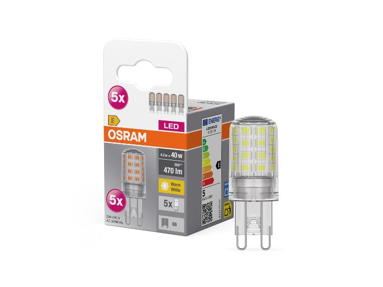 Fünf LED-Lampen in Verpackung mit 4,2 W, 470 lm, warmweißem Licht und G9-Sockel.