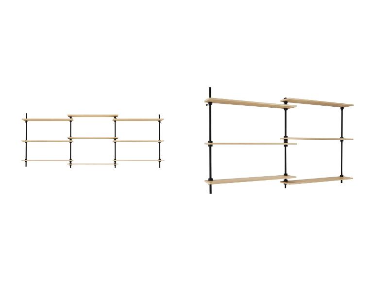 Zwei modulare Regaleinheiten mit hellen Holzbrettern und schwarzen Metallstützen.