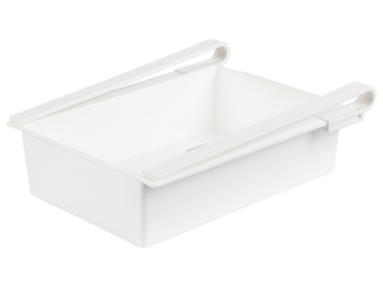 Weißer Plastik-Aufbewahrungskorb mit Griffen.