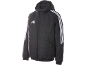 Schwarze Steppjacke mit Kapuze und weißen Streifen an den Ärmeln.