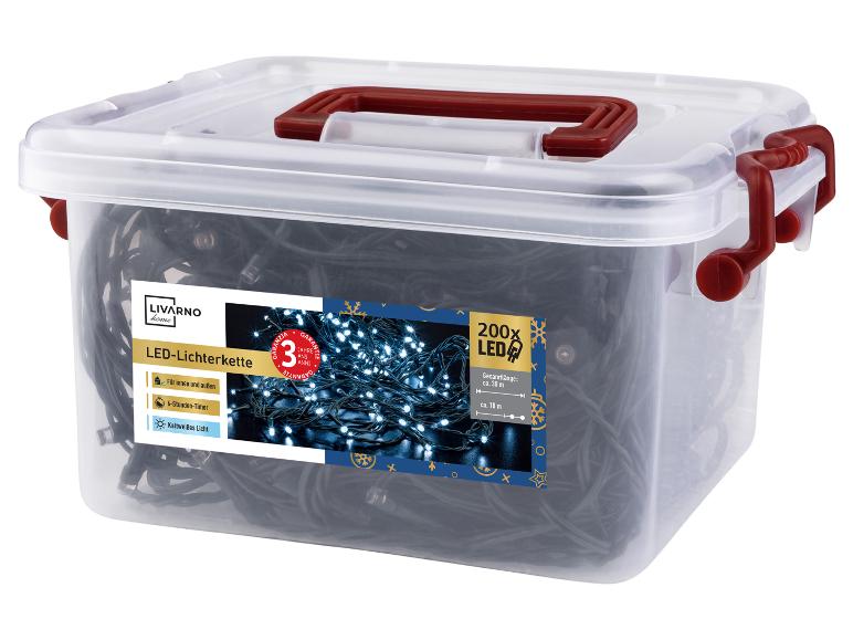LIVARNO home LED-Lichterkette mit 200 Lichtern in einer transparenten Aufbewahrungsbox.