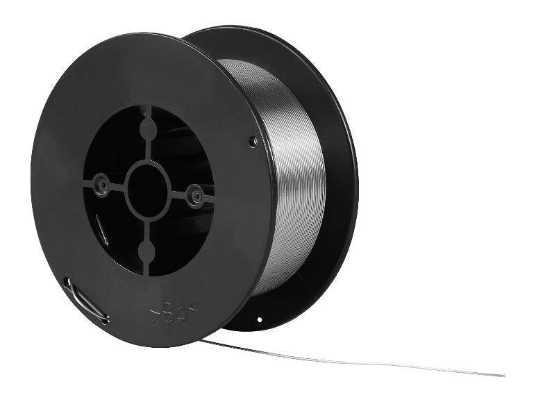 Schwarze Spule mit silbernem Schweißdraht, ein Draht abgerollt.