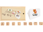 Holz-Buchstabierspiel mit Buchstabenwürfeln und Bildkarten für Wörter wie Frosch, Katze, Schwein, Fahrrad.