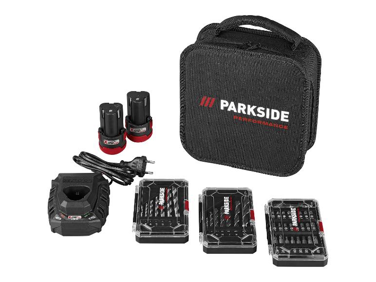 Parkside Performance Set mit Bohrmaschine, Akkus, Ladegerät und Bit-Set in Tasche.