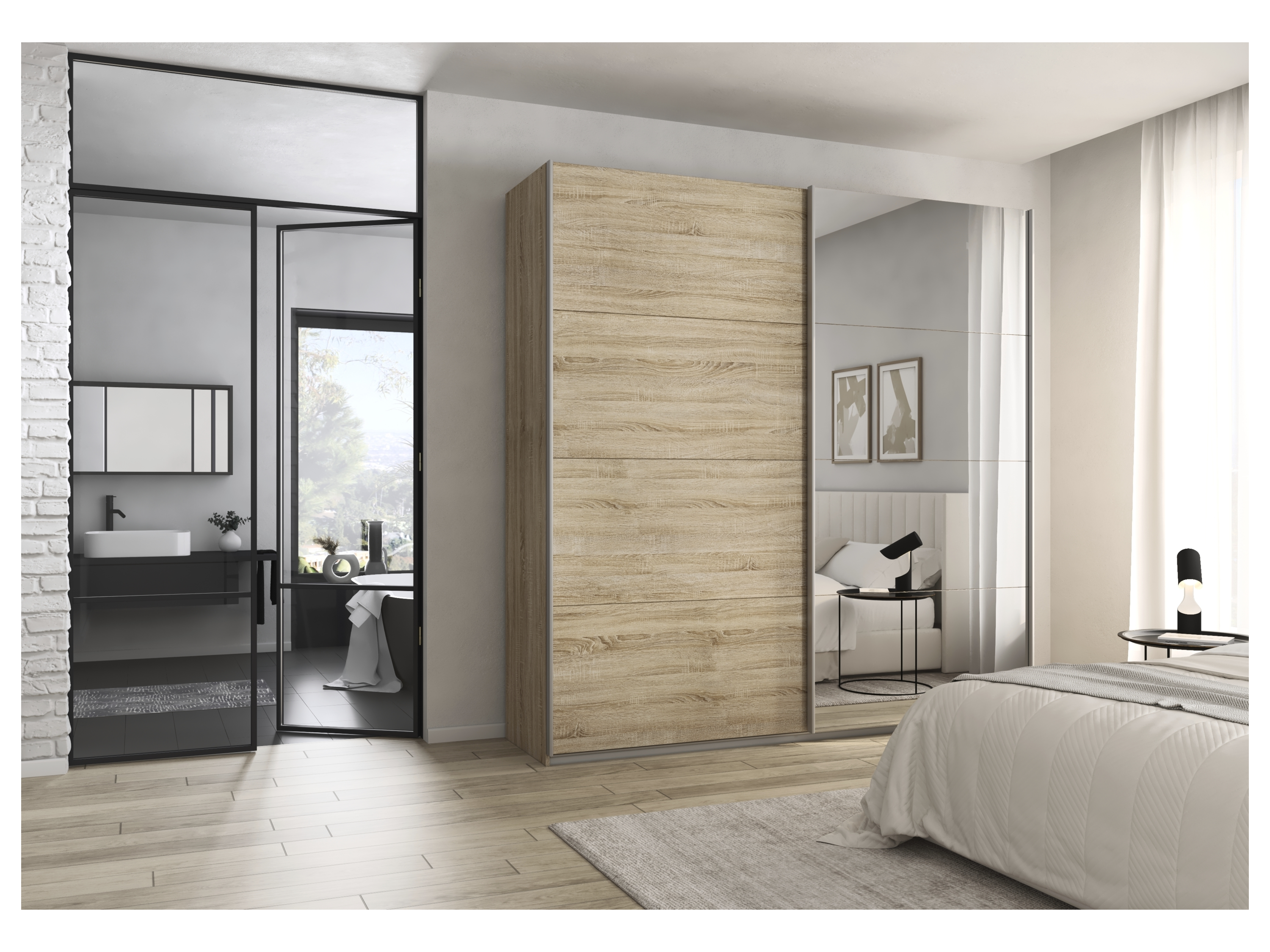 RAUCH ORANGE Quadra Schwebetürenschrank mit Spiegelelementen (Premium-Zubehör, Korpus: Eiche, 226 x 230 cm) – Bild 2 von 4