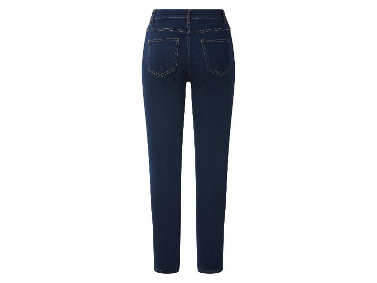 Dunkelblaue Damenjeans mit orangefarbenen Nähten, Rückansicht.