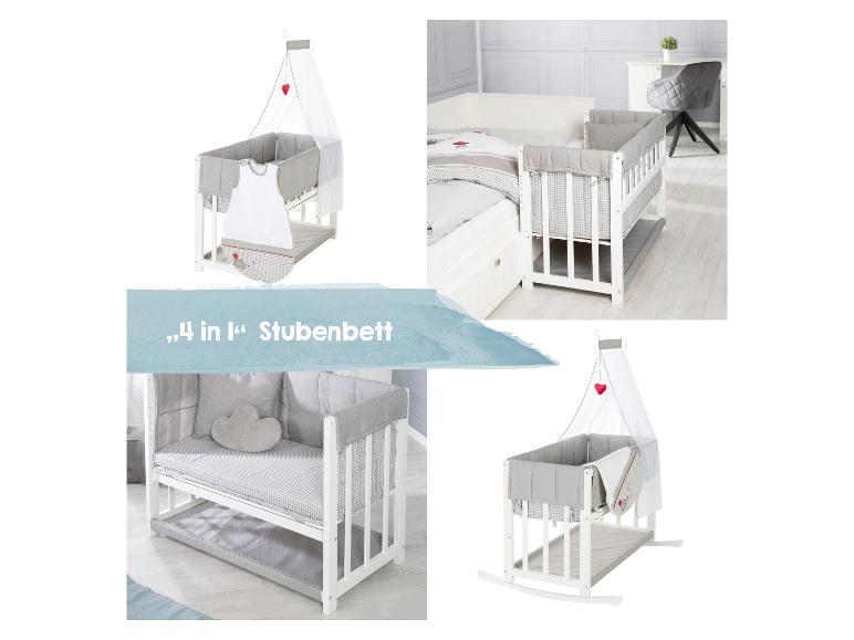 Multifunktionales 4-in-1 Babybett mit Himmel und Beistellbettfunktion.