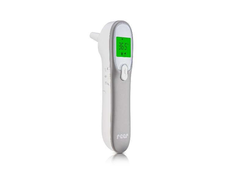 Digitales Ohrthermometer zeigt 36,5°C an, mit Modi für Baby, Erwachsene und Objekte.
