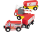 Holzspielzeugzug im Feuerwehr-Design, inklusive Lokomotive, Waggons und Schranke.