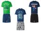 Drei Sets kurzer Jungenpyjamas mit Gaming-Motiven: grün mit Haus, blau mit Figuren und blau mit Mario.