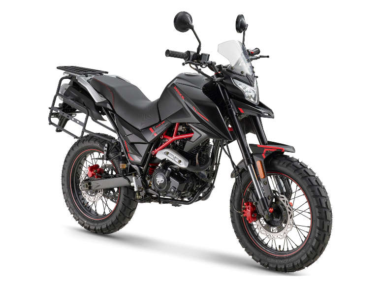 PRIKE PXA Adventure 125 ccm, 85 km/h Motorrad, schwarz mit roten Akzenten.