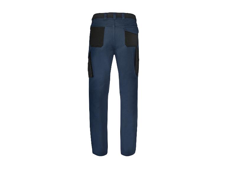 Dunkelblaue Arbeitshose mit schwarzen Taschen und Details.