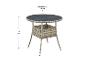 Runder Gartentisch aus Rattan mit Glasplatte, 73 cm hoch und 80 cm Durchmesser.