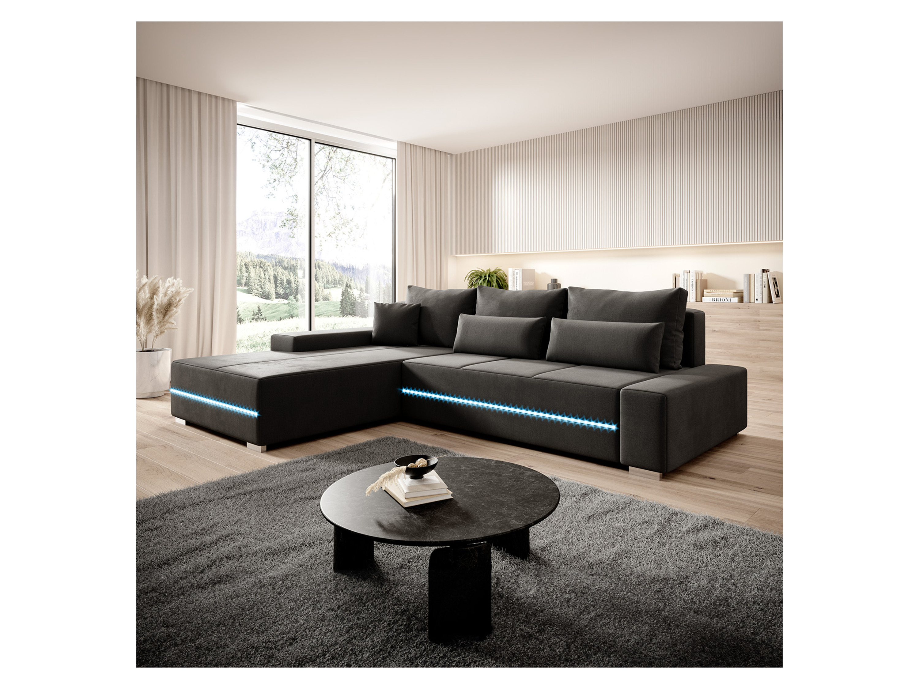 Thumbnail - Juskys Davos Sofa LED mit Ottomane  Schlaffunktion (Links, Dunkelgrau)""