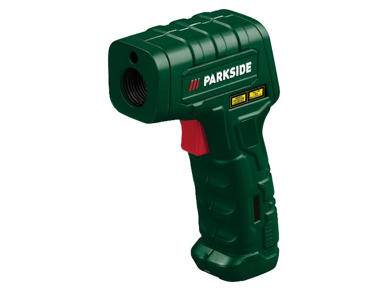 Parkside Infrarot-Thermometer, grün, mit rotem Auslöser und Laserwarnetiketten.