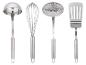 Set aus Edelstahl-Küchenutensilien: Schöpfkelle, Schneebesen, Schaumlöffel und Pfannenwender.