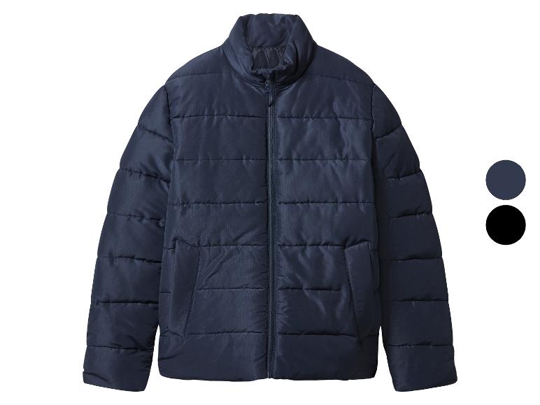 Dunkelblaue Steppjacke mit Reißverschluss und Stehkragen, mit Farboptionen.