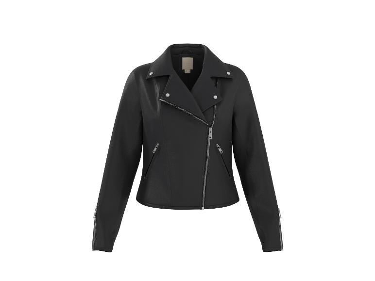 Schwarze Leder-Bikerjacke mit silbernen Reißverschlüssen und Druckknöpfen.