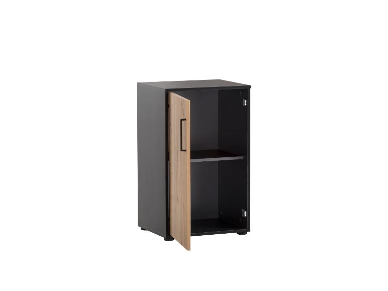 Schwarzer Schrank mit Holztür und Regal