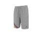 Graue Sweatshorts mit schwarzen, roten und gelben Streifendetails.