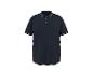 Dunkelblaues Herren-Poloshirt mit kurzen Ärmeln und weißen Streifen an Kragen und Ärmeln.