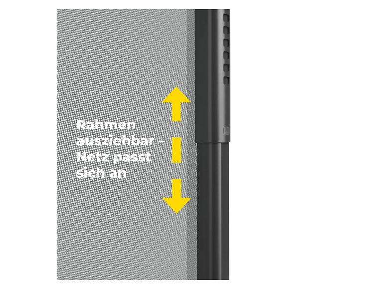Ausziehbarer Rahmen mit anpassbarem Netz, durch gelbe Pfeile gekennzeichnet.